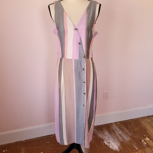 Patrons of Peace Striped Pink, Gray, Tan & Cream Sleeveless Midi Dress NEW Sz M - Picture 2 of 10